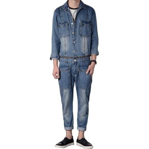 Hong Kong Tide Mens Denim Suit Japanese Retro Washing Tooling Locomotive Onesies Mens Denim jacket suit Mens Overalls XXL