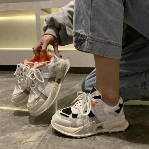 Fujin Genuine Leather Dad Shoes Chunky Sneakers Fashion White Classical Women Vulcanized Shoes Breathable Comfortable Summer