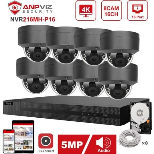 Hikvision OEM 16CH 4K NVR Anpviz 8pcs 5MP POE IP Camera System Indoor/Outdoor IP Camera Security Surveillance Kit IP66 30m P2P