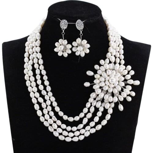 Flower Pearl Beads Jewelry Set Events&Party Graceful 4 Layers White Freshwater Pearl Wedding Necklace Set Free Shipping ABH609