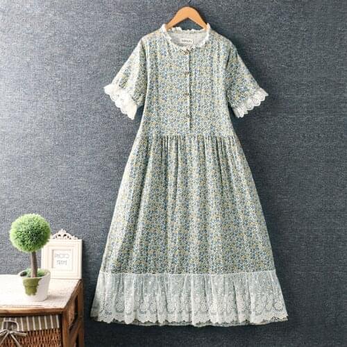 Lamtrip Rustic Short Sleeve Flowers Print Lace Patchwork Cotton Breathable Long Dress Retro Robe