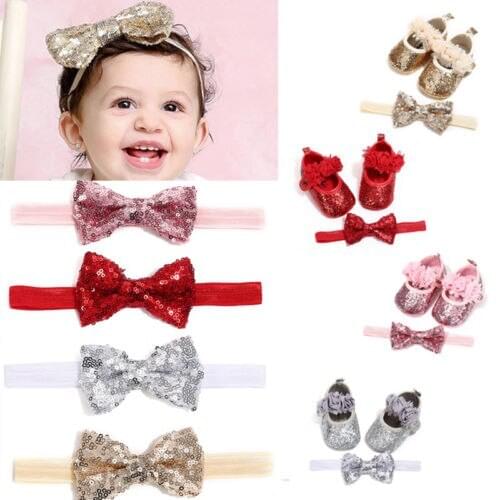 Fashion Bowknot Cute Newborn Baby Girls Shoes+Headband Wedding Party Anti-Crib Prewalkers Baby Shoes
