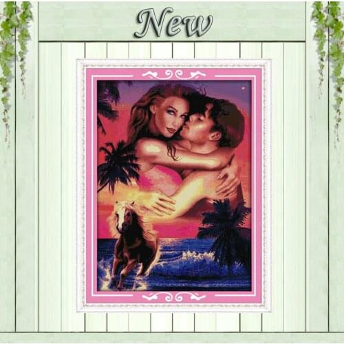 Hawaii couples love seaside painting Counted Print on canvas DMC 11CT 14CT Cross Stitch kit Needlework Set embroidery Home Decor