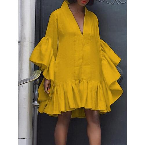 Cute Women Oversize Dress Sexy V Neck Ruffle Summer Mini Dresses Party Date Night Birthday Robe Tunic Simple Natural Style