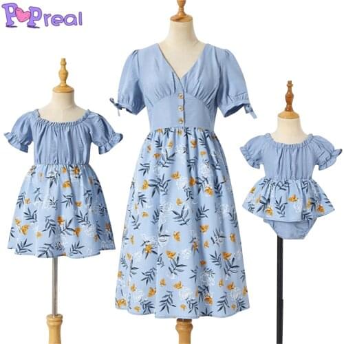 PopReal Summer Flower Print Patchwork Buttons Mommy And Me Dresses Matching Outfits Mom And Daughter Dress Family Look Clothes
