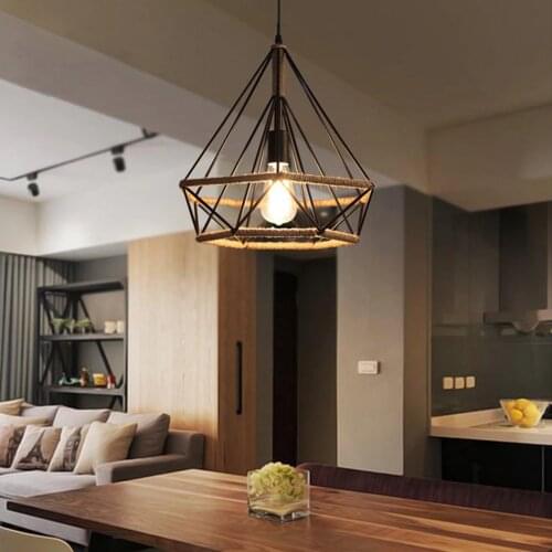 Manila Rope Twined Diamond Lightshade Retro Ceiling Chandelier Decorative Hanging Light for Home Shop Restaurant Decoration