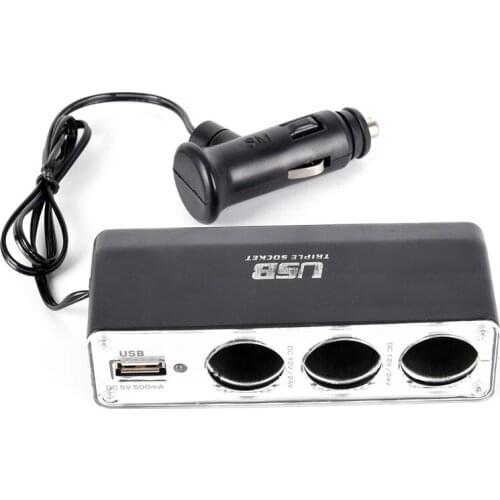 1pcs Triple Socket Splitter Cigarette Lighter Adapter Plug & USB Port 3 Way Charger