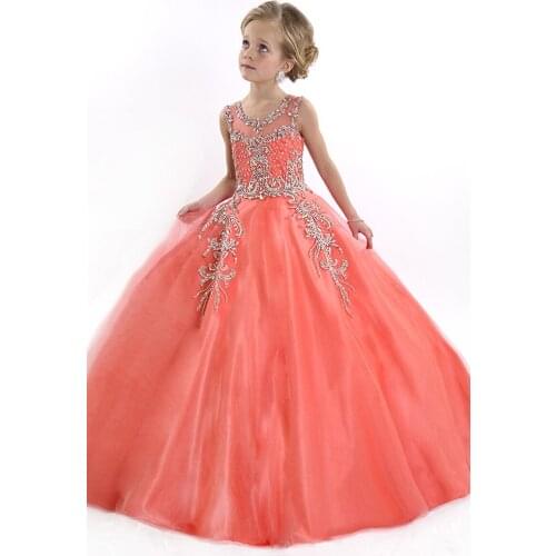 Luxury Crystal Coral flower girl pageant dresses 2015 New arrival Cinderella Girl Ball Gown Prom Party Dresses vestidos infantis