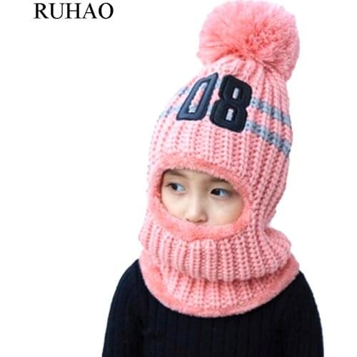 RUHAO 2019 Hot Cap parent child super warm Winter balaclava wool Beanies Knitted Hat and scarf for 4-12 years old girl boy hats