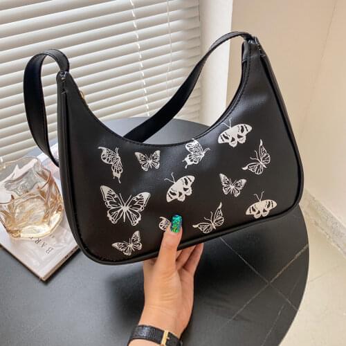Vintage Women Butterfly Printing Shoulder Underarm Bag Casual Ladies PU Leather Purse Handbags Simple Small Zipper Half Moon Bag