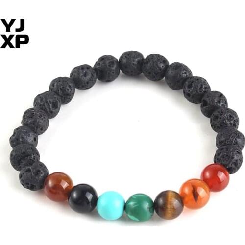 YJXP Simple Style Natural Black Lava Rock 8/10 mm Balance Beads Prayer 7 Chakra Reiki Healing Women Yoga Bracelet
