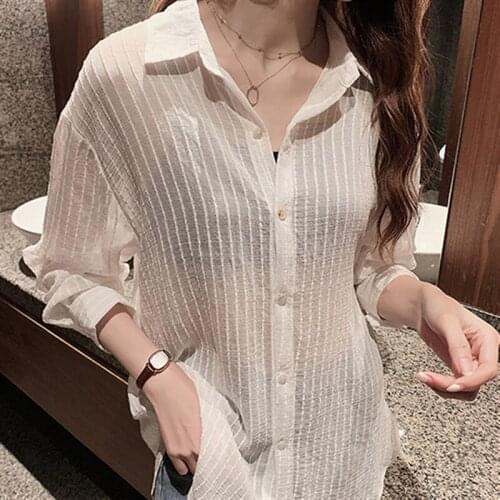 Sweet Women Stripe POLO Collar Long Sleeve Blouse Button Loose Casual Tops Korean Summer Sunscreen Thin Chiffon Shirt