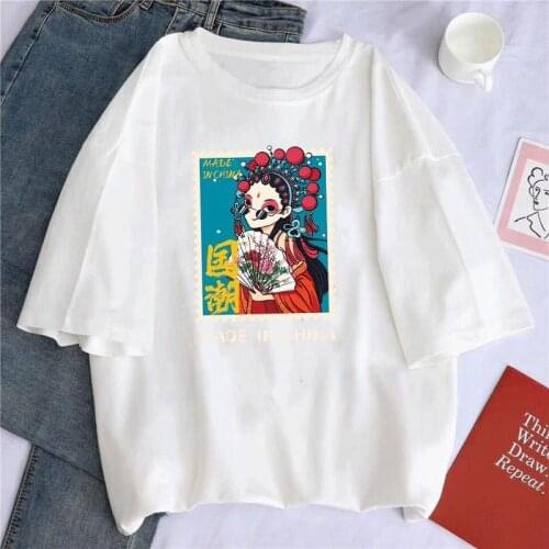 100% Cotton Summer Harajuku Tshirt Beijing Opera Pattern Casual T Shirt Women Short Sleeve Loose Oversized T-shirts Tops Tees