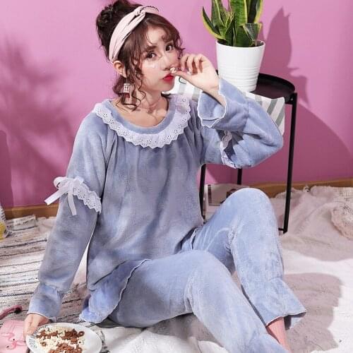 Women pajamas autumn and winter lovely and thickened flannel Princess wind long sleeve clothes set warm sleepwear pyjamas women