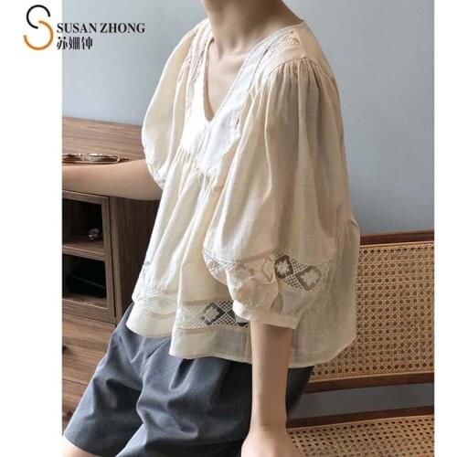 Women Summer Shirts Short Sleeve Lantern Female Blouse Cotton Ladies Crop Top Bohemian Lace Embroidery V-Neck Pleats Retro Y2K