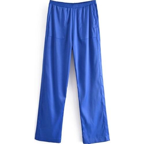 MESTTRAF Women 2021 Fashion Solid Color Side Pockets Straight Pants Retro High Waist Elastic Waist Long Pants Streetwear