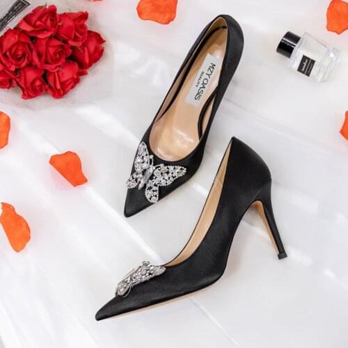 Sandalias Mujer 2021 Women Bridal Wedding Shoes Faux Silk Satin Rhinestone Crystal Shallow Woman Pumps Stiletto High Heel