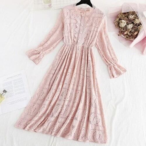 2021 Spring New Sweet O-Neck Flared sleeves High Waist Dress Women print Elegant Elastic Waist slim Lace Dress