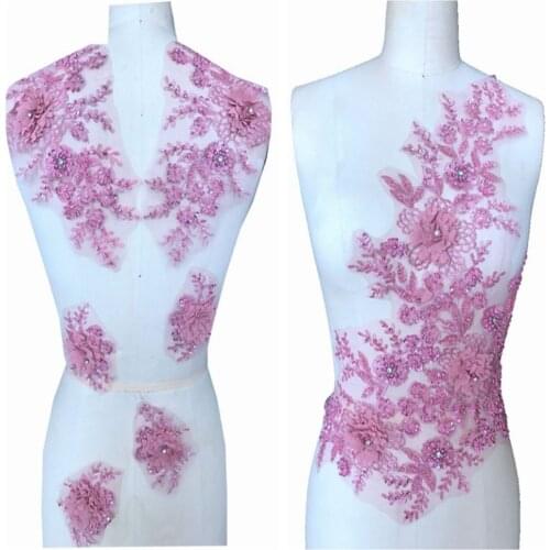 3D Three-dimensional flower deep pink lace applique with handsewing beads rhinestones trim patches 50*34cm dress accessory
