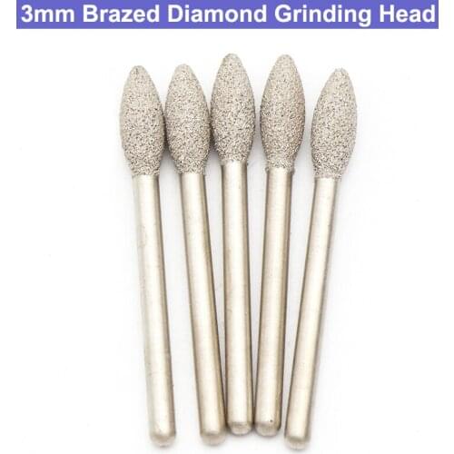 URANN 5Pcs/lot 3mm Brazed Diamond Grinding Head Grinding Pointed Bits Burrs Metal Stone Jade Engraving Carving Tools
