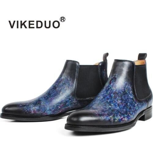VIKEDUO 2019 Handmade Genuine Leather Ankle Boots Spot Painted Patina Chelsea Boot Male Bespoke Blake Autumn Fashion Bota Hombre