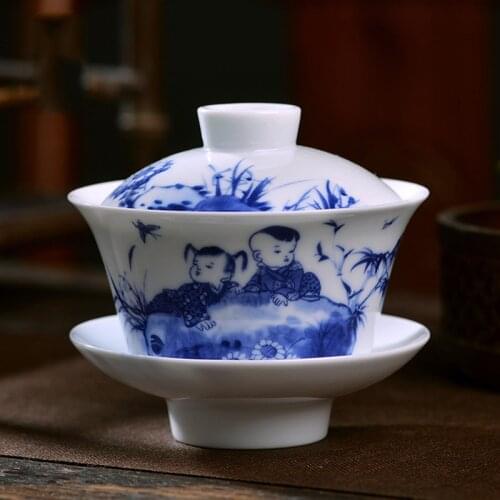 Jingdezhen Gaiwan Tea Maker Ceramic Blue and White Porcelain Tea Bowl Chinese Style Gaiwan Master Cup Teaware Drinkware Crafts
