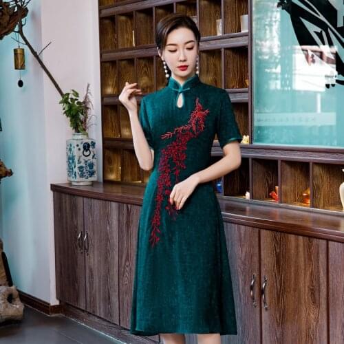 Cheongsam 2020 New Spring Dress Imitation Of Gambiered Canton Gauze Mid-Long Embroidery Collar Mother Clothing Qipao Платье