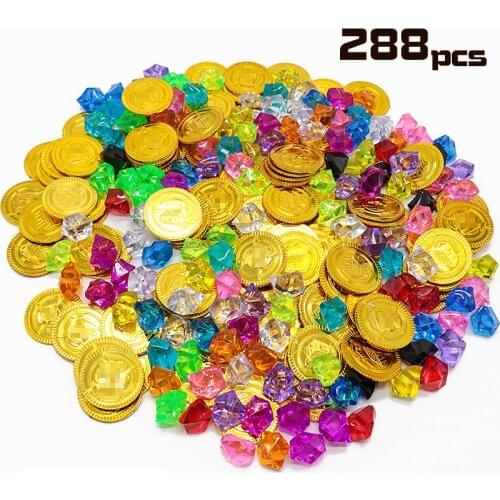 288 Pieces Children Boy Girls Toy Pirate Gold Coins and Pirate Gems Jewelry Playset Pack Party Favor (144 Coins+144 Gems)
