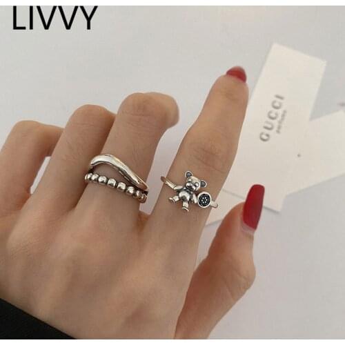 LIVVY Silver Color Bear Rings New Fashion Creative Hollow Wave Double Geometric Vintage Party Accessories Gifts