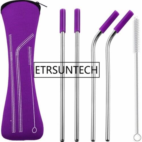 4pcs/set Reusable Stainless Steel Straws With Silicone Tips With Clean Brush & Neoprene Bag Wedding Party Favor Travel Bar tool