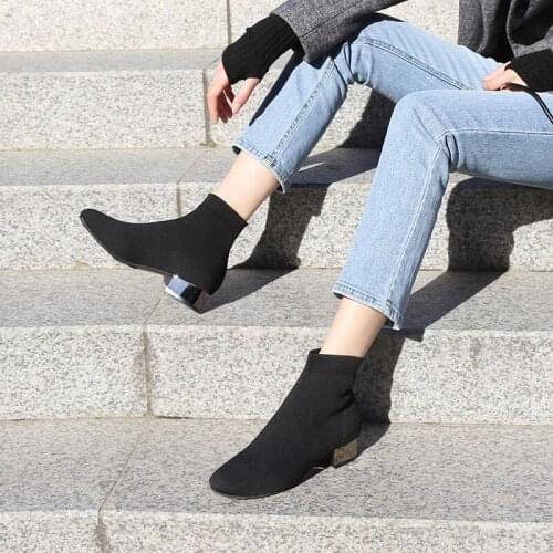 Fashion Suede Womens Shoes Winter Shoes Short Boots High-heeled 4CM/6CM Round Toe Thick-heeled Stretch Shoes Size 33-42