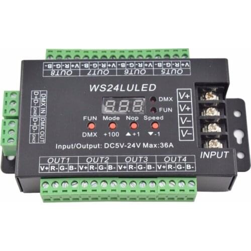 Mokungit 24CH Easy DMX512 RGB Decoder Dimmer Controller WS24LULED DC5-24V 24 Channel 8 Group Each Channel Max 3A