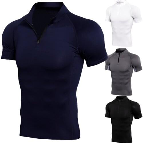 Mens Zipper Fitness Short Sleeve Training Running Elasticity T-shirt Sports Fast-drying Clothes Tight Leisure Short Sleeves