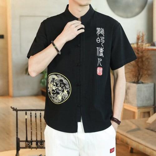 Men Chinese Style Tang Suit Coat Short Sleeve Qipao Tops Casual Shirt Fashion Stand Collar Zen Tea Oriental Jackets Cardigan