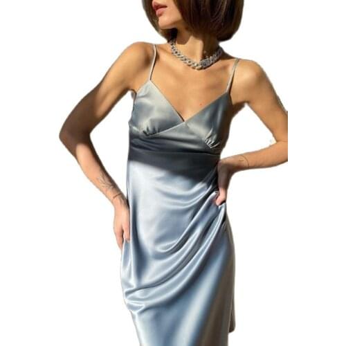 2021 Women Satin Deep V Neck Sexy Dress Solid Straight Pajamas Party Dress Elegant Female Summer Spaghetti Strap Dress Casual