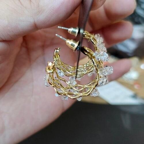 Handmade Metal Crystal Hoop Earrings for Women Multi-layer Gold Color Geometric C Shaped Korean Earrings Party Jewelry A459