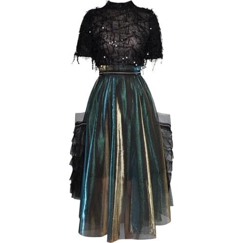 High Quality Women Sets New Gorgeous Tassels Sequins Decorative Tops And Fashionable Ruffle Skirts Elegant Party Two-Piece Suit