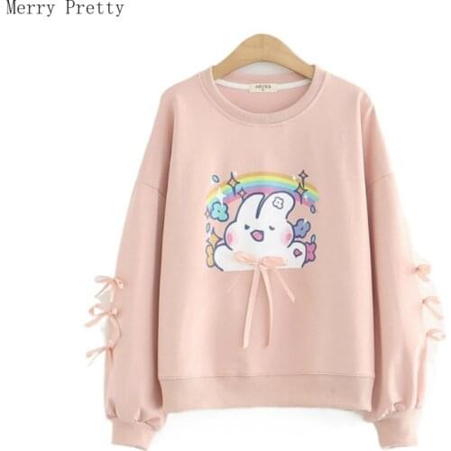Pink Rainbow Rabbit Print Cotton Hoodies Lace Up Sweatshirts Women 2021 Summer O-neck Pullovers Sweet Style Kawaii Cute Tops