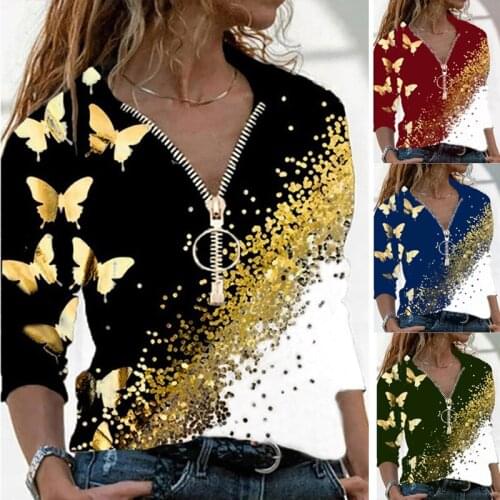 Womens Tops 2021 Autumn New Large Size T-shirt V-neck Zipper Butterfly Printing Long-sleeved T-shirt Casual Pullover Ladies Top