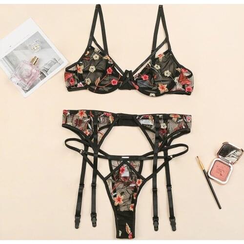 Women Transparent Bra G-string Lingerie With Garter Belt Sleepwear Nightwear 3pcs Sheer Sexy Exotic Embroidery Bra Brief Set New