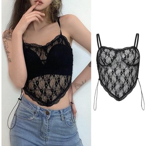 Women Sexy See-Through Floral Lace Crop Top Spaghetti Strap Backless Sheer Mesh Camisole Side Ruched Drawstring Irregular Hem Sl