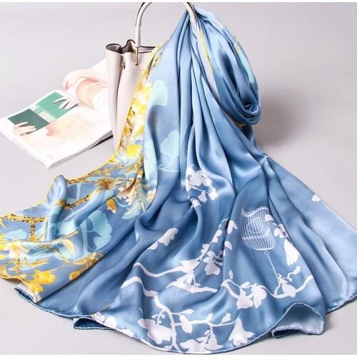 Ladies 100% Pure Silk Scarf Long Printed Shawls and Wraps for Women Blue Neckerchief Hangzhou Real Silk Scarves Foulard Femme