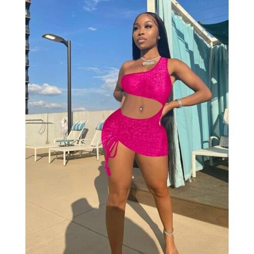 Elegant Glitter Solid Lace Up Mini Summer Dress 2021 Sexy Asymmetry One Shoulder Drawstring Ruched Irregular Mini Women Dress