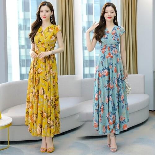 Women Maxi Floral Chiffon Dress Summer 2021 Boho Retro Long Elegant Casual Party Night Beach Vacation Runway Vestidos Korean New