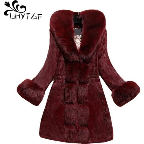 UHYTGF Plus size Winter Fur Coat Women long Fashion rabbit fur imitation fur SlimWarm Women Coat fox fur collar Jacket Lady 705