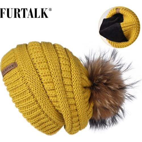 FURTALK Winter Pompom Hat Women Slouchy Beanie Hat with Velvet Ladies Knitted Real Fur Pom Pom Stretchy Hat Female Warm Skullies