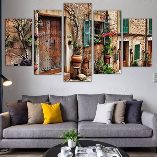 5 Panel Wall Art Streets of Italy Tuscany Towns Old Mediterranean Door Windows Flower Painting The Picture Print On Canvas