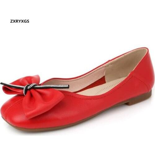 Large Size Top Soft Cowhide Bow Rhinestones Women Fashion Shoes Shallow Comfort Flat Shoes 2020 New Leather Shoes Women Flats