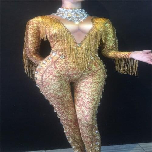 E60 Gold tassel Rhinestone bodysuit singer wears sexy jumpsuit diamonds gogo outfits catwalk dress performance show pants clothe