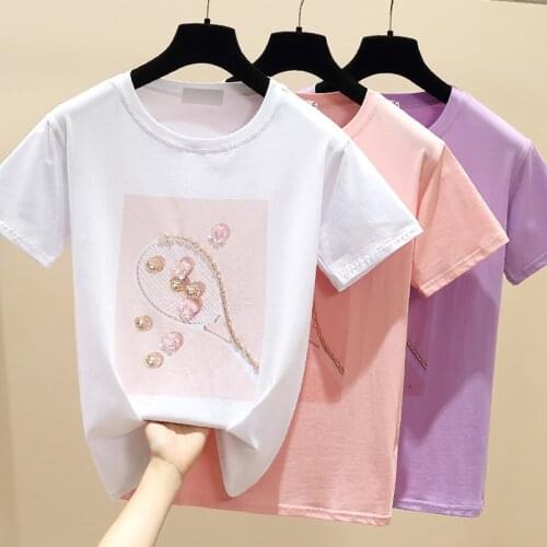 New Beading T Shirt Summer Short Sleeve Women Top Pink Tshirt Cotton Korean Style T-Shirt Women Clothes Tee Shirt Femme White